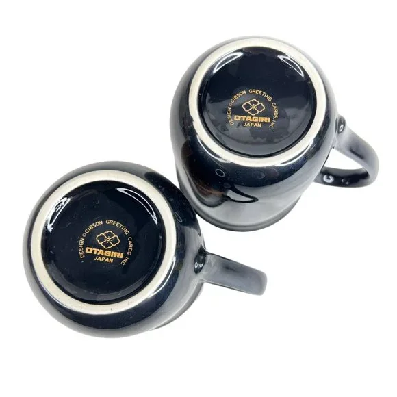 2 Otagiri Owl Mugs Black Gold Japan Vintage Set Coffee Cup Metallic Gold Trim - Picture 12 of 12
